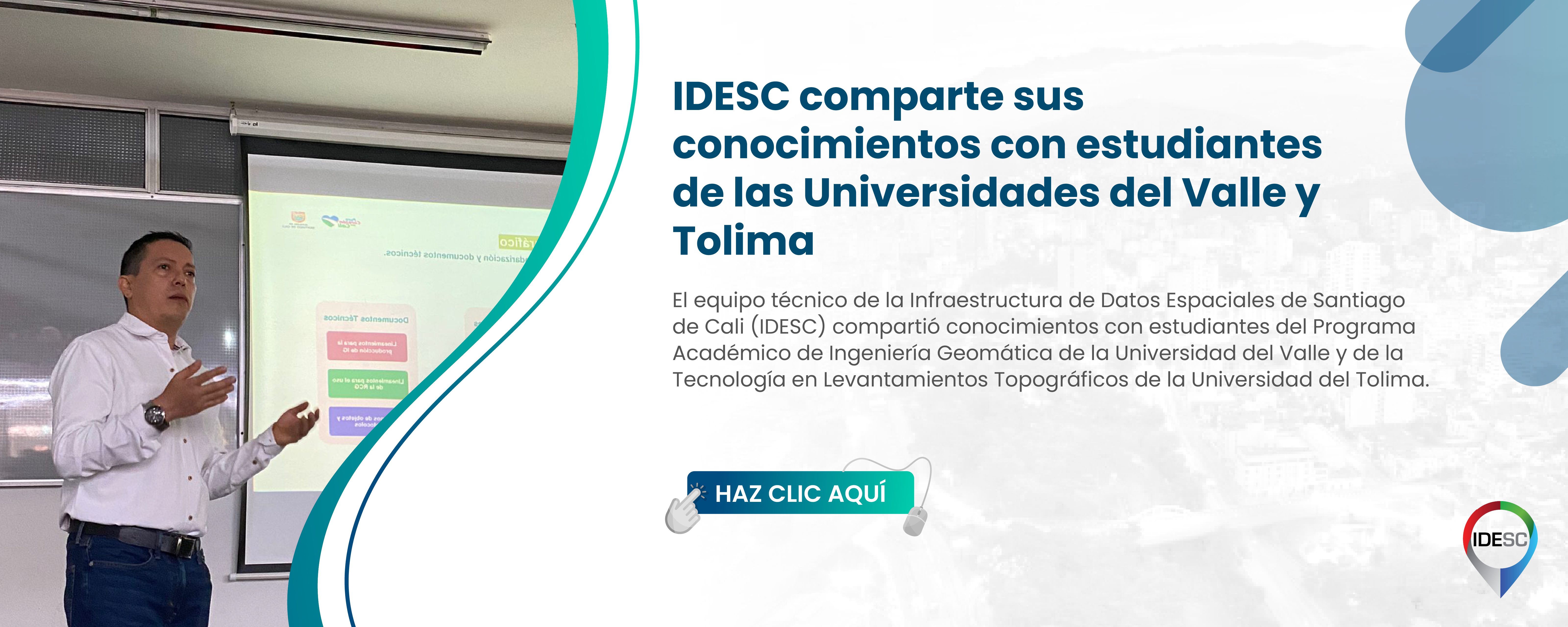 Pieza gráfica que contiene al lado izquierdo una fotografía de un integrante de la IDESC en un auditorio realizando una charla y al costado derecho el título de la noticia y debajo un breve resumen.