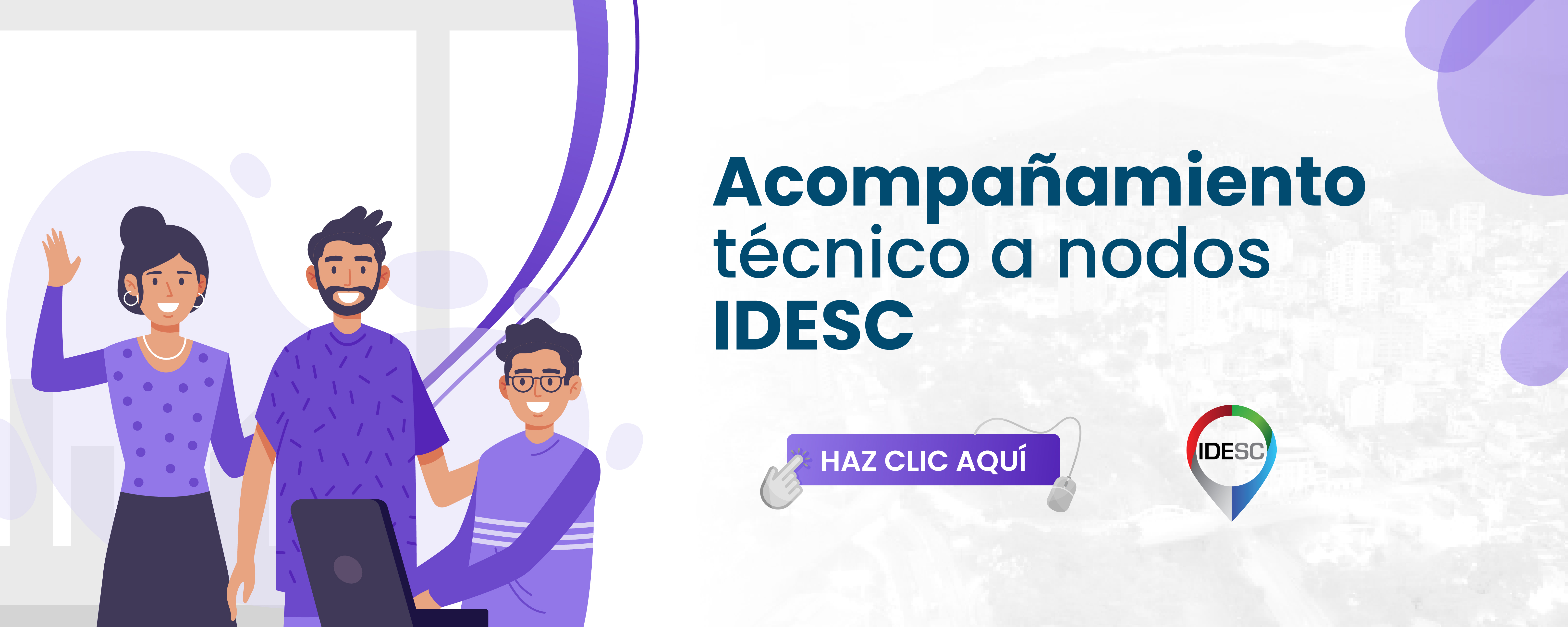 Pieza gráfica con una ilustración al lado derecho, donde se muestra a tres personas trabajando, dos mujeres y un hombre con computadora portátil y al costado izquierdo el título de la noticia y debajo el logo de la IDESC.