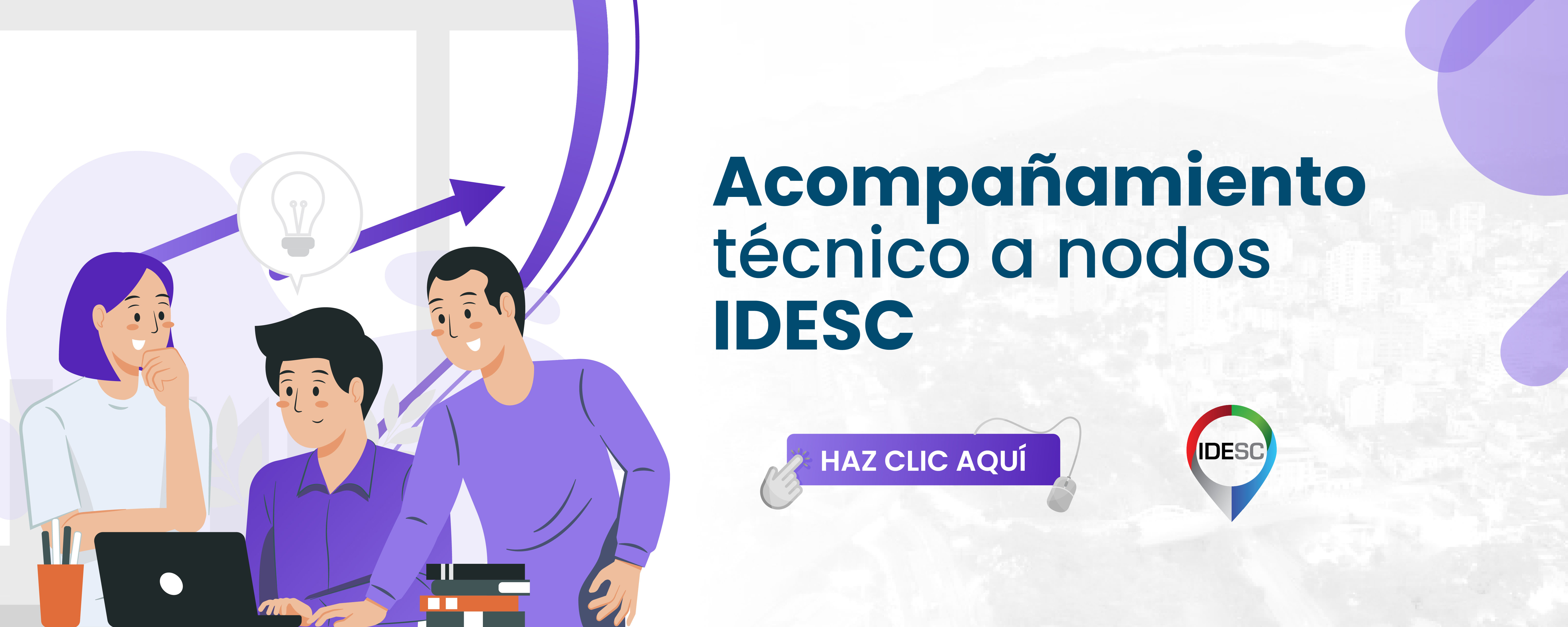 Pieza gráfica con una ilustración al lado derecho, donde se muestra a tres personas trabajando con computadora portátil y al costado izquierdo el título de la noticia y debajo el logo de la IDESC.