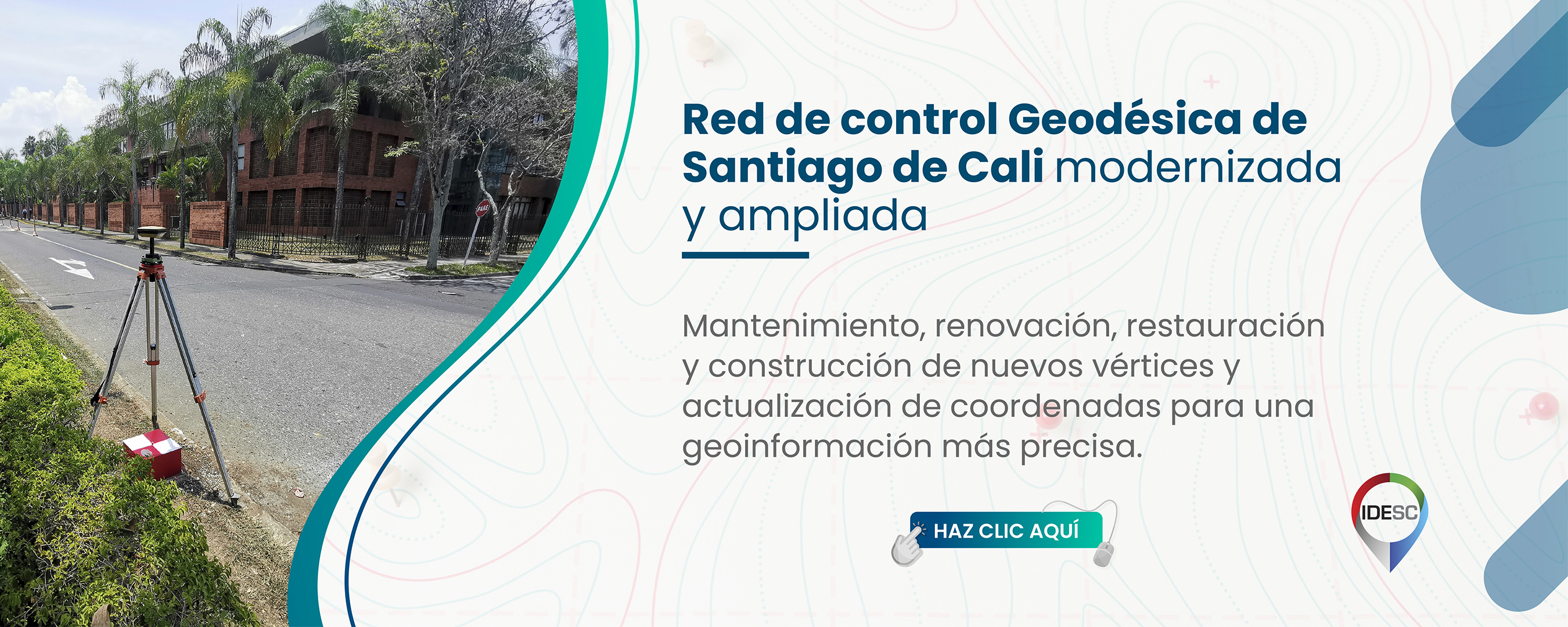 Pieza gráfica donde se muestra en el lado izquierdo una fotografía de un referente geodésico sobre el cual se encuentra un equipo de medición de coordenadas GNSS; al costado derecho se muestre el título de la noticia.