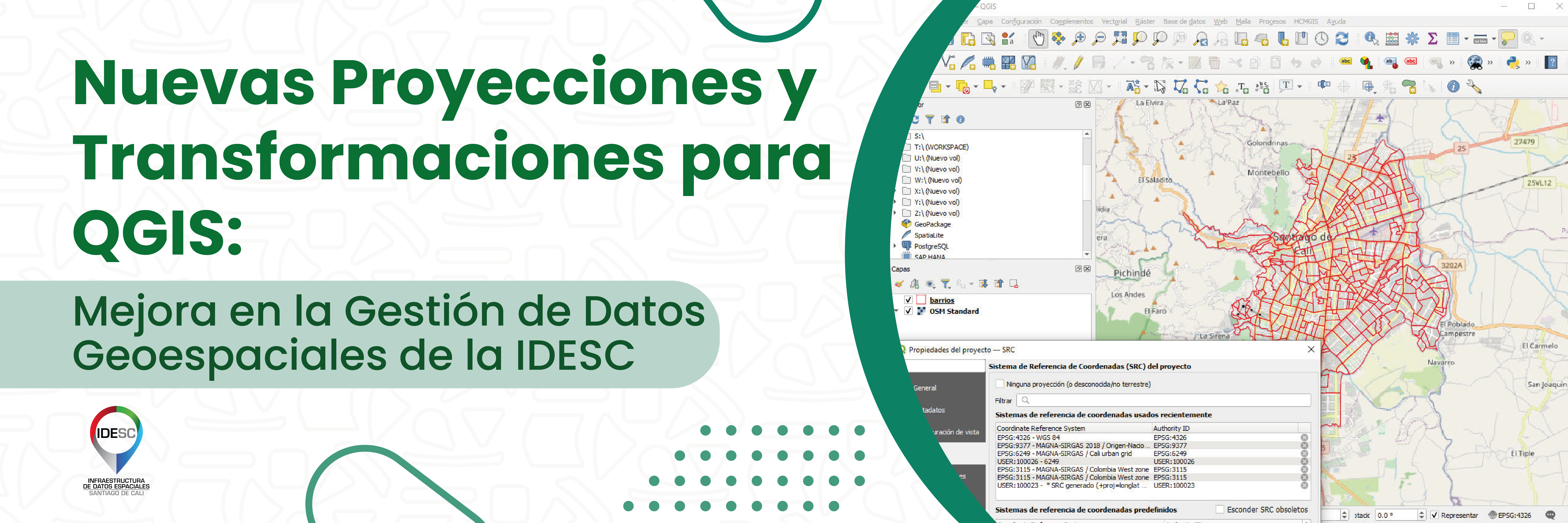 Pieza gráfica donde se muestra en el lado izquierdo una imagen del software QGIS donde se visualiza un mapa y diferentes herramientas; al costado derecho se muestre el título de la noticia y el logo de la IDESC.