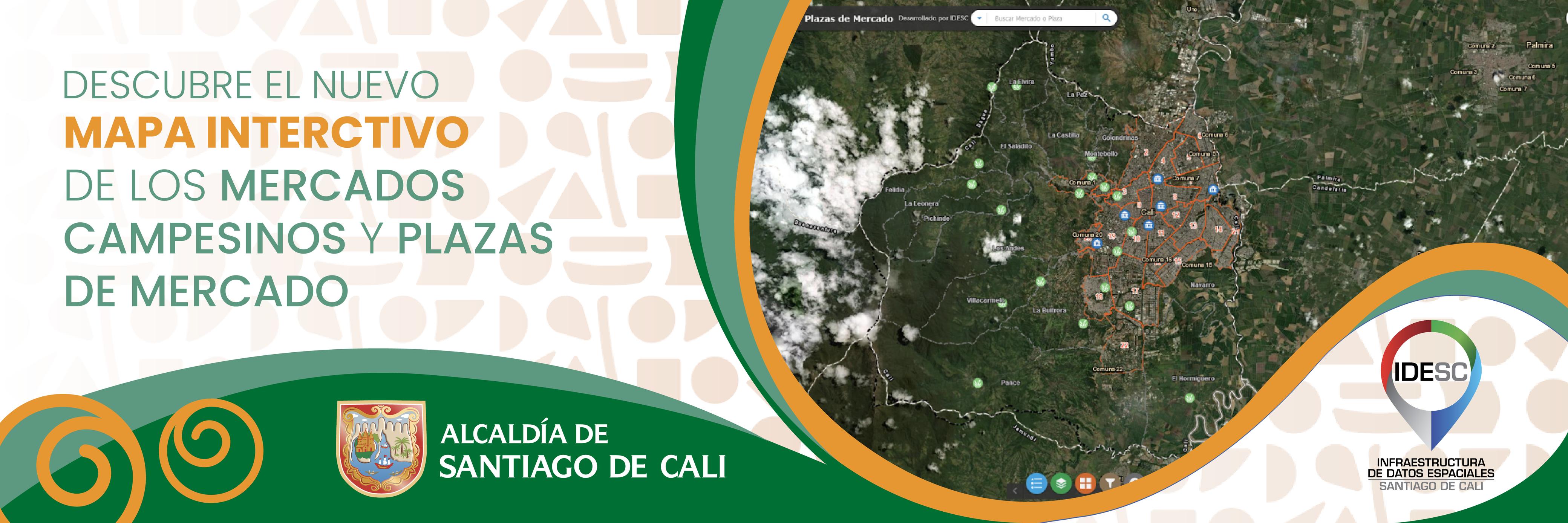 Pieza gráfica donde se muestra en el lado derecho un mapa con la localización de los mercados campesinos y plazas de mercado; al costado izquierdo se muestre el título de la noticia.