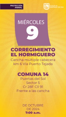 Jornada de Estetizaci&oacute;n -  Mi&eacute;rcoles 9 de octubre CORREGIMIENTO EL HORMIGUERO Cancha M&uacute;ltiple Cabecera Km 6 Puerto Tejada  COMUNA 14 Puerta del Sol Sector 5 frente a la cancha