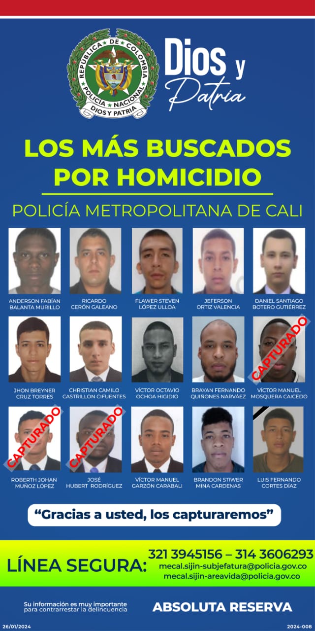 Autoridades aumentan la recompensa para capturar a los más buscados por homicidio en Cali Autoridades aumentan la recompensa para capturar a los más buscados por homicidio en Cali