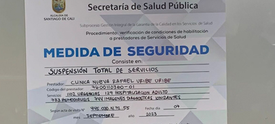 Salud P&uacute;blica impone medida de seguridad a Cl&iacute;nica Nueva Rafael Uribe Uribe