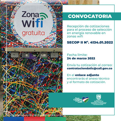 Convocatoria recepci&oacute;n de cotizaciones para el proceso de selecci&oacute;n en energ&iacute;a renovable en zonas wifi.